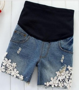 2013 maternity clothing spring fashion maternity denim shorts lace decoration maternity belly pants