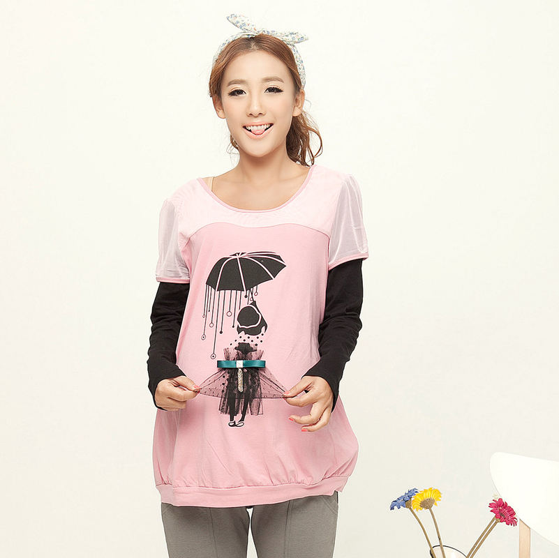 2013 maternity clothing spring long-sleeve all-match basic shirt faux two piece t-shirt cartoon maternity top