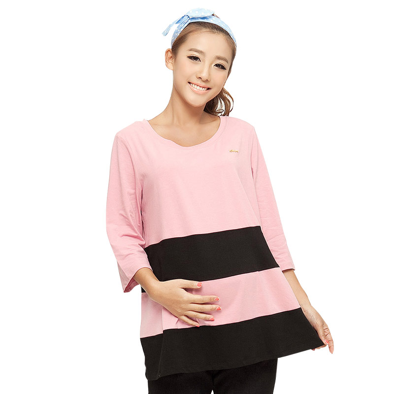 2013 maternity clothing spring top o-neck 100% cotton half sleeve all-match color block decoration t-shirt