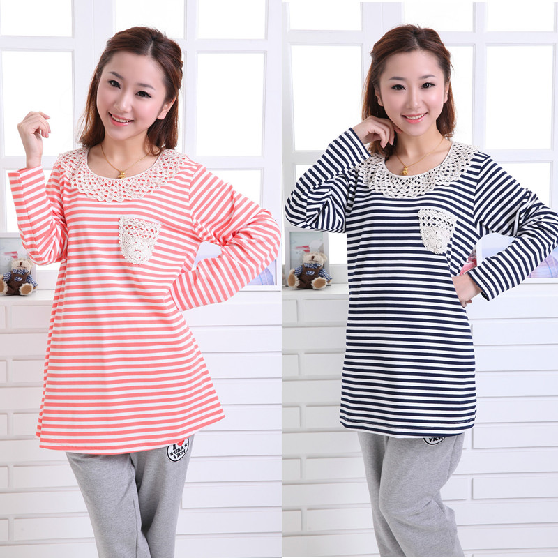 2013 maternity clothing top lace collar stripe long-sleeve T-shirt maternity spring basic shirt