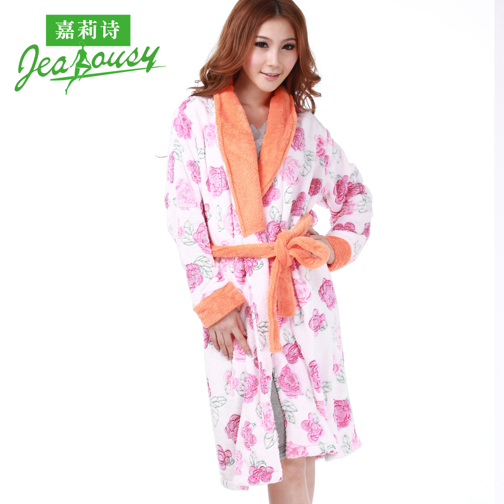 2013 Medium-long thermal lounge thick print coral fleece female robe 3080472j