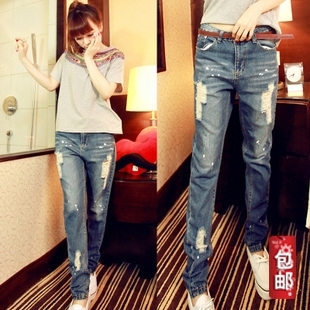 2013 mid waist loose hole casual straight denim women's long trousers