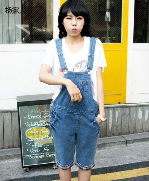 2013 multicolour roll-up hem denim jumpsuit summer capris bib pants jeans knee-length pants