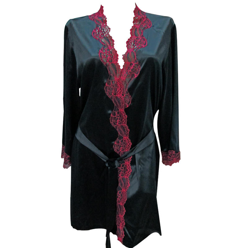 2013 new arrival black women's sexy sleepwear silk mulberry silk robe lace V-neck summer long-sleeve bathrobes