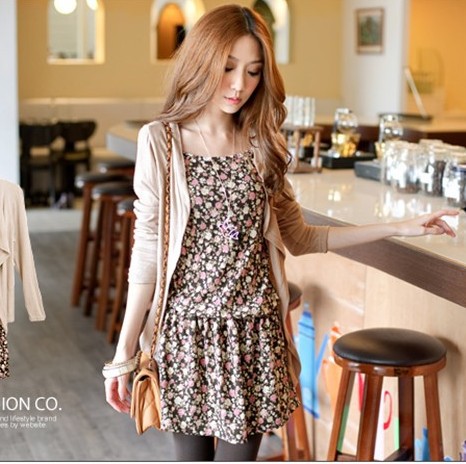 2013 new arrival clothing spring floral print spaghetti strap shirt cardigan coat twinset female one-piece dress