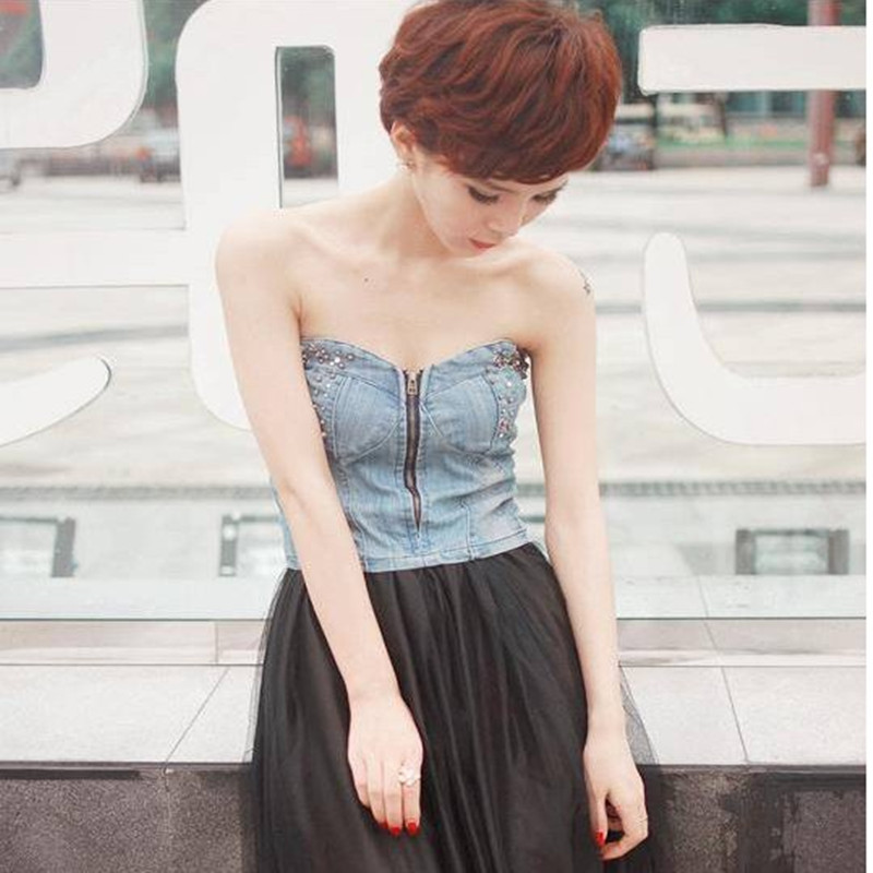 2013 New arrival denim patchwork gauze rivet tube top dress tube top full dress beautiful crystal beading one-piece dress