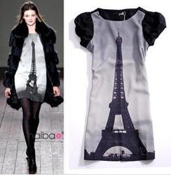 2013 New arrival Eiffel Tower print pattern short sleeve chiffon dress S,M Wholesale & Retail B1006