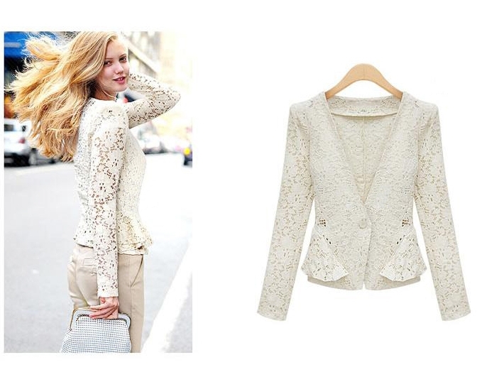 2013 New Arrival Europe Stylished Woman Apricot Long sleeve Short Lace Coat Spring Autumn Hollow out Flora Design Outwear Jacket