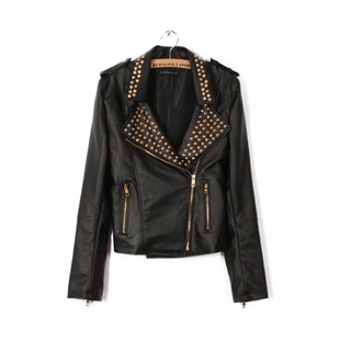 2013 NEW arrival fashion high quality PU slim long sleeve Rivet Trun-down Collar leather jacket women Wholesale price