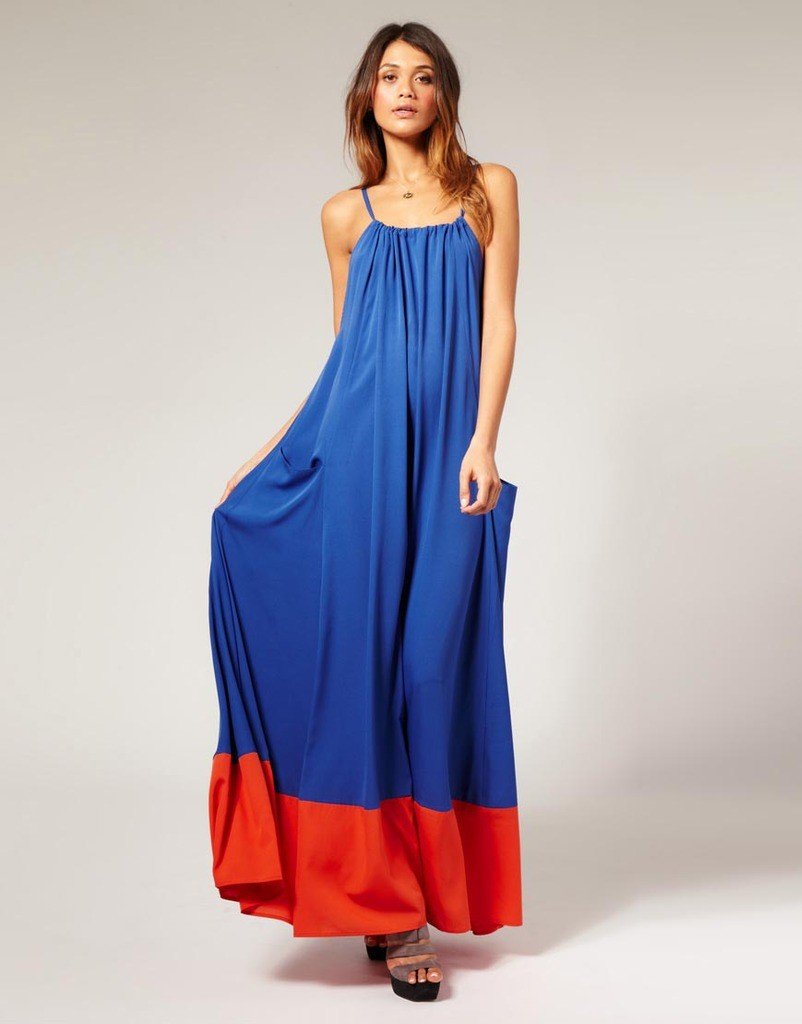 2013 New Arrival Fashion Maxi Long Halter Neck Pocket Design Blue with Orange Hem Dress