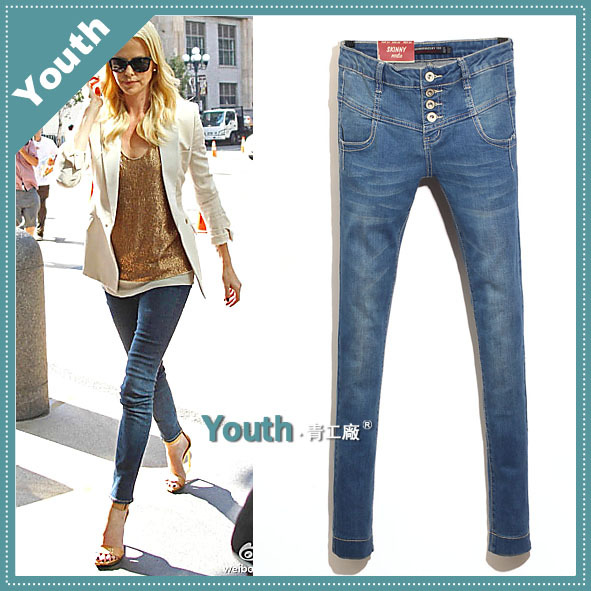 2013 new arrival fashion mid waist blue retro finishing denim female skinny pants slim ankle length trousers