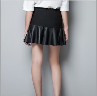 2013 New Arrival Fashion Slim Womens' PU Leather Ruffles Pleated Sexy Mini Skirt Elegant Classic Black Casual Bust Skirt 3 Size