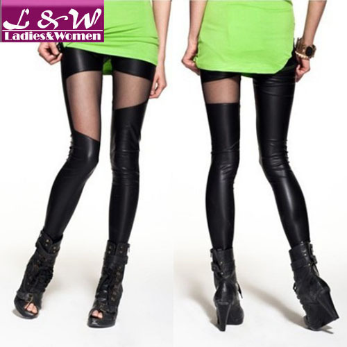 2013 New Arrival Fashion Women Casual Sexy Mesh Legging PU Leather Patchwork Net Design Spring&Summer 19012