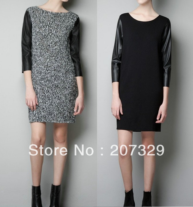 2013 New arrival Fashion Women Elegant Straight PU leather Sleeve Dresses classic black patchwork Casual Slim vintage OL dress