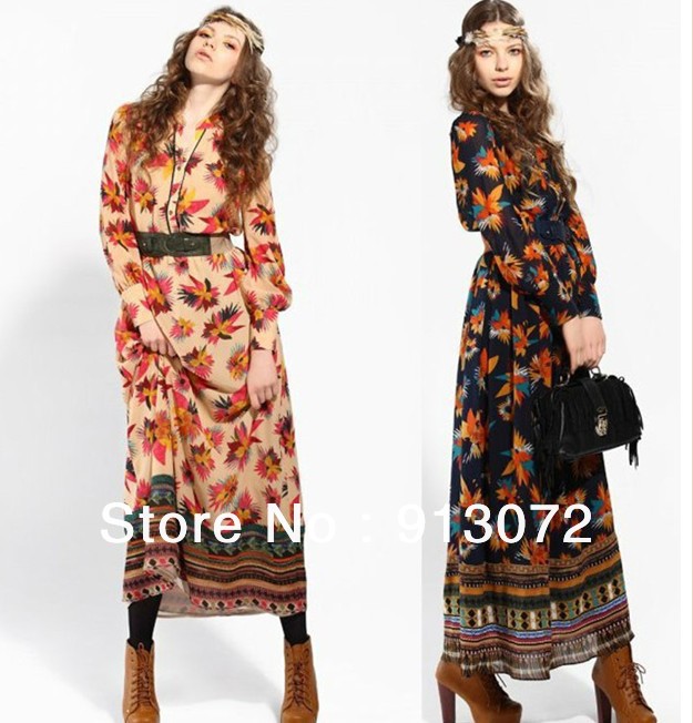 2013 New arrival Fashion Women Elegant Vintage Floral Print Maxi Dresses Slim evening party designer dresses wish free belt