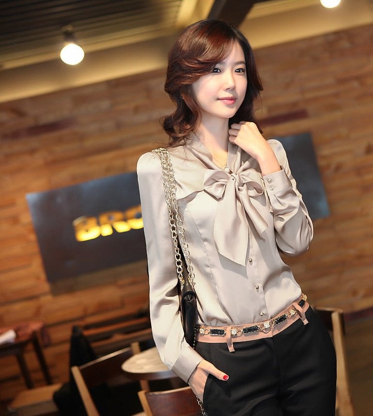 2013 New Arrival Fashion Women Shirts for Ladies Graceful Silk Blouse Silk Bow Plus Size Free Shipping