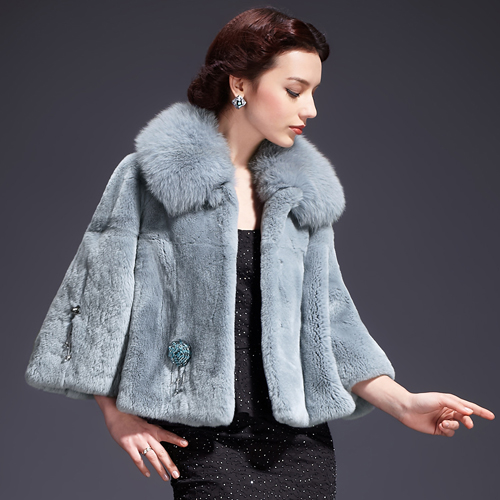 2013 new arrival fur coat short design high quality rex rabbit hair fox fur three quarter sleeve lj1309