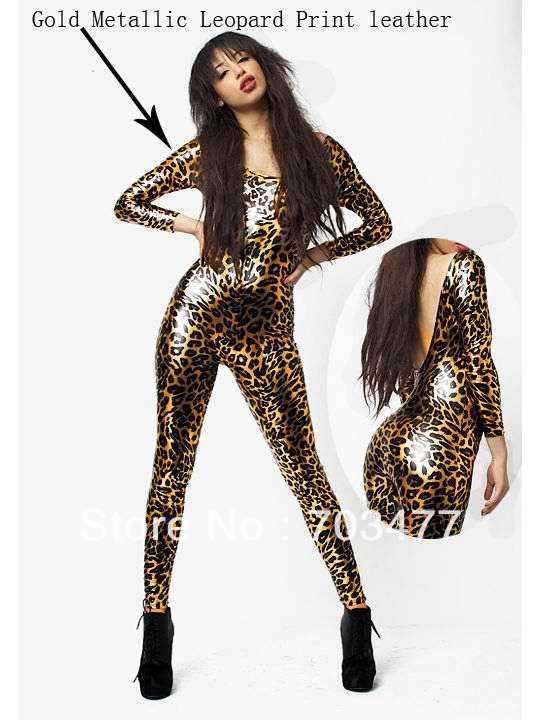 2013 New Arrival Gold Metallic Leopard Print Leather Clubwear