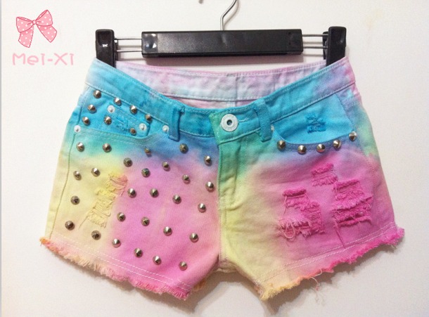 2013 New arrival gradient color neon tassel Rivers decoration tie-dyeing shorts women jeans Wholesale price