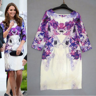 2013 New Arrival Kate Middleton Print Autumn & Spring Stretch Cotton Half Sleeve Dress free shipping