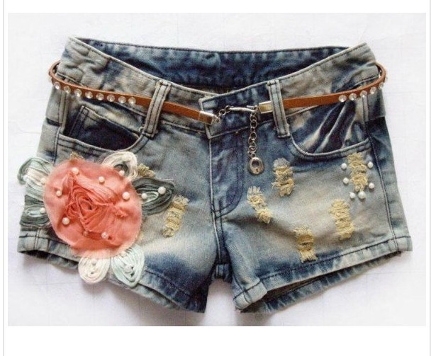 2013 new arrival Korean style summer floral ornament shorts denim slim ladies short pant free shipping