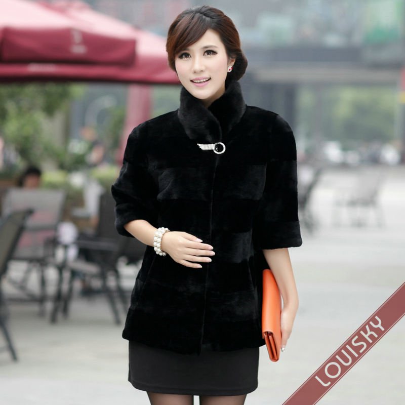 2013 New arrival Lady's Rex rabbit fur coat with mink fur stand collar/hot selling