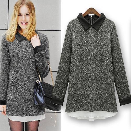 2013 New Arrival  Long Sweater Women Imitated Leather Turn-down Collar Sweaters Black Khaki