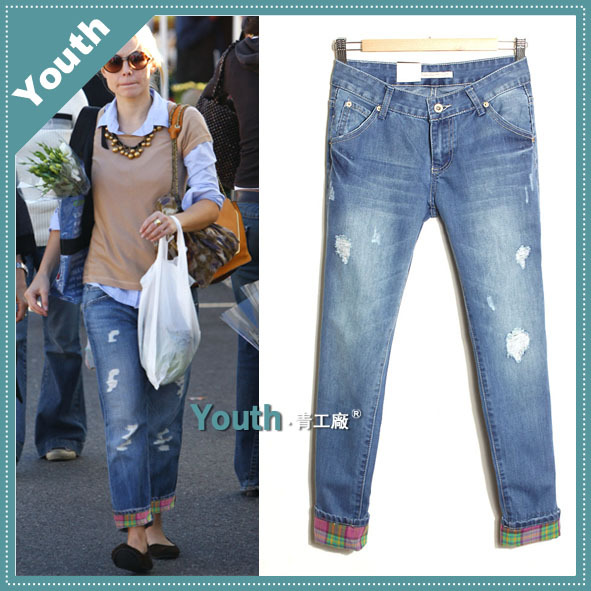 2013 new arrival loose water wash wearing white blue hole low-waist jeans female check roll-up hem harem pants