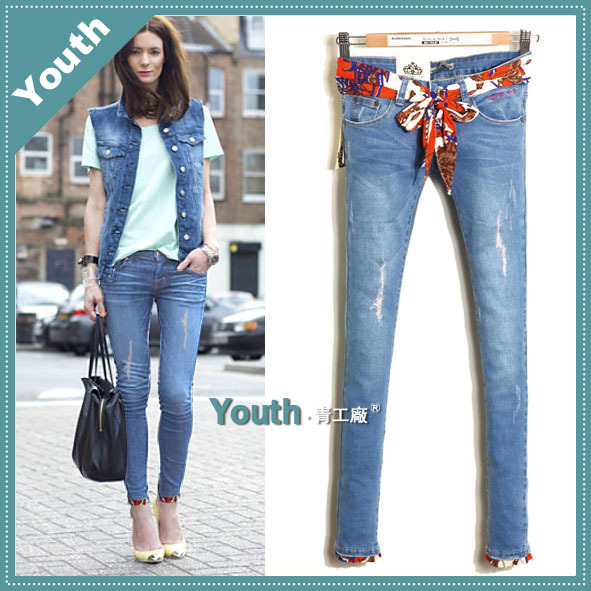 2013 new arrival multicolour print belt denim thin female low-waist skinny pants hole ankle length trousers