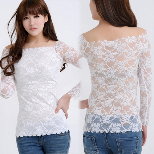 2013 New arrival sexy female t-shirt lace slim tight-fitting t-shirt long-sleeves shoulder perspectivity t-shirt