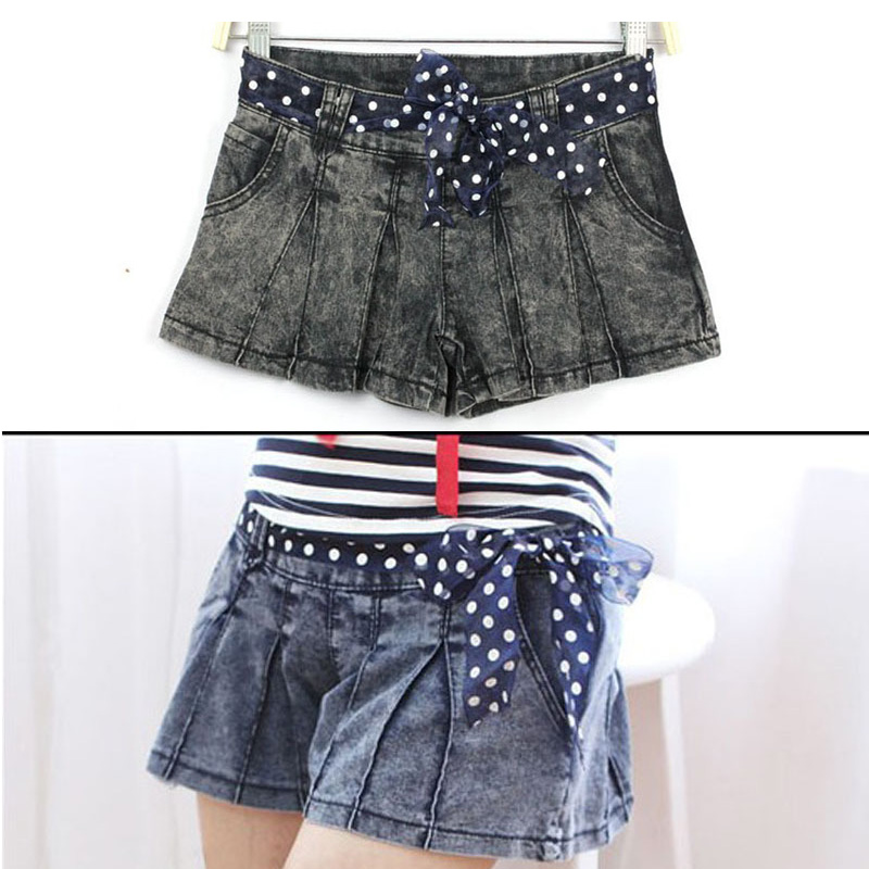 2013 new arrival sidepiece zipper dot ribbon women's denim short skorts retro finishing water wash low-waist Free shipping