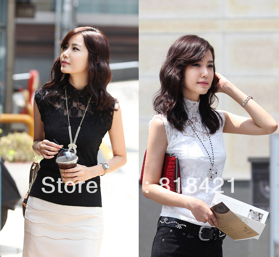 2013 new arrival slim sleeveless lace t-shirt Womens Tank top blouse Black White sIZE S 1311