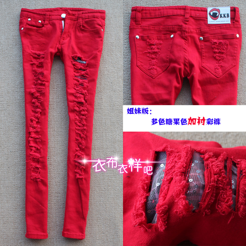 2013 New arrival Spring and autumn fashion candy color skinny hole jeans for women 4colors Wholesale price