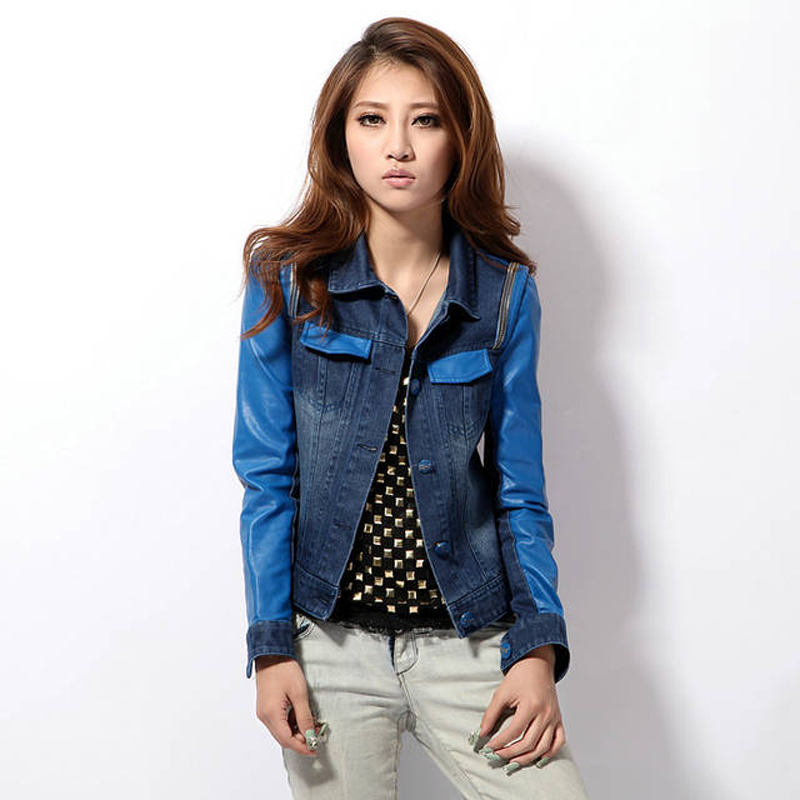 2013 new arrival spring and autumn women's fashionable casual PU clothing patchwork denim short jacket