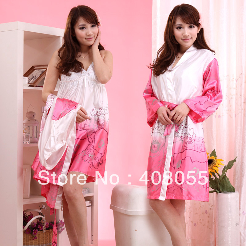 2013 new arrival  spring faux silk women's twinset sleepwear robe gradient color lounge Free shipping