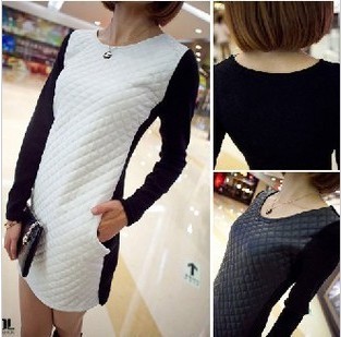 2013 new arrival spring  leather patchwork knitted one-piece dress slim long-sleeve basic skirt