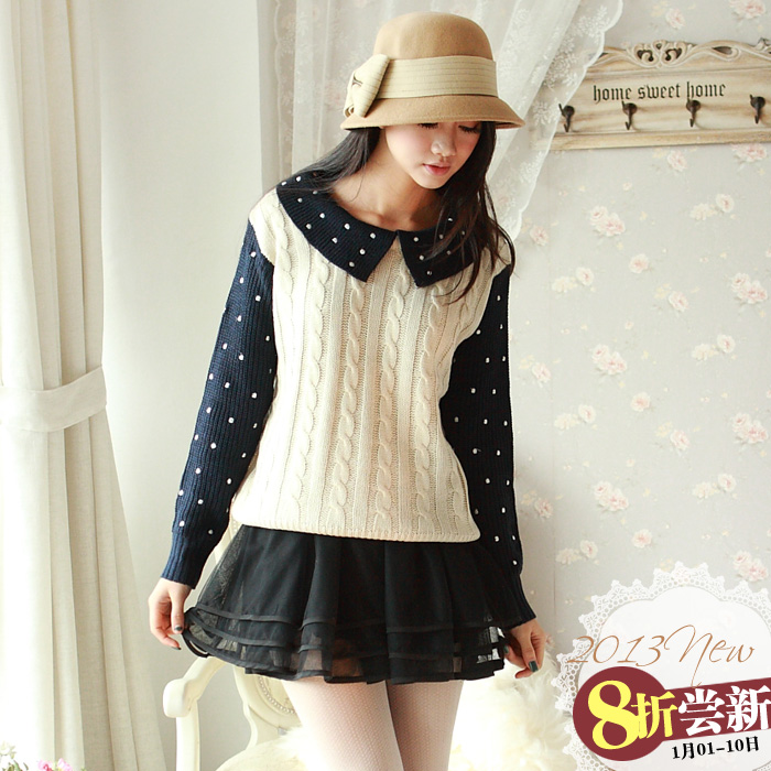 2013 new arrival sweet vintage peter pan collar polka dot twisted patchwork sweater