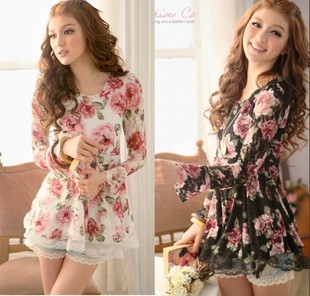 2013 New Arrival Women Casual Rose Flower Chiffon V-neck Lace Dress Free Shipping RD429