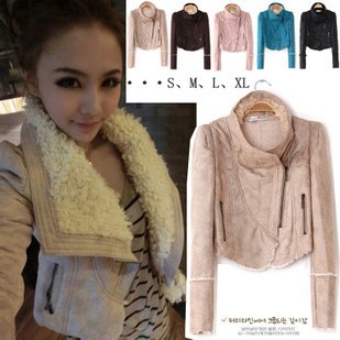 2013 New arrival women's berber fleece wool motorcycle leather clothing lady thickening slim short jacket