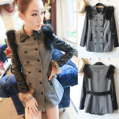 2013  new arrival women's   fur decoration double breasted  wool coat, PU Leather patchwork outerwear,free shipping,JC-W035