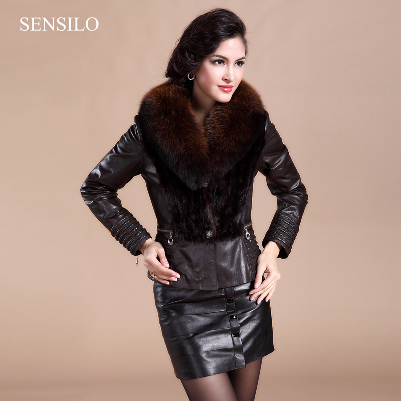 2013 new arrival women's genuine leather jacket sheepskin fight mink fur coat with fox fur neckline ems free shipping s1203-1