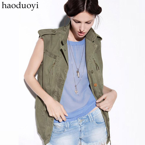 2013 New Arrival Women's Military fashion Army Green small lapel tooling medium-long sleeveless vest outerwear 6 full