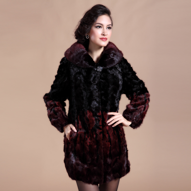 2013 new arrival women's mink fur overcoat long design black mix dark red big neck fight mink fur overcoat s025-1 free shipping