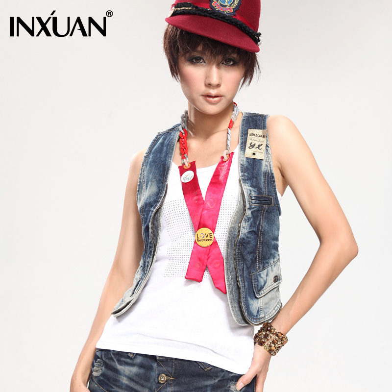 2013 new arrival women's sleeveless denim vest casual fashion short design waistcoat denim vest