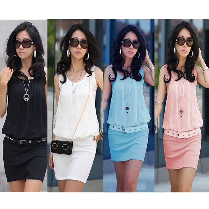 2013 New Arrival !!  Women's Summer Mini Dress Crew Neck Chiffon Sleeveless Casual Tunic Sundress , Free Shipping Dropshipping