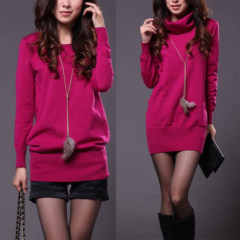 2013 new arrival women sexy pullover cotton long round turtleneck female basic sweater dress loose black green ES8331