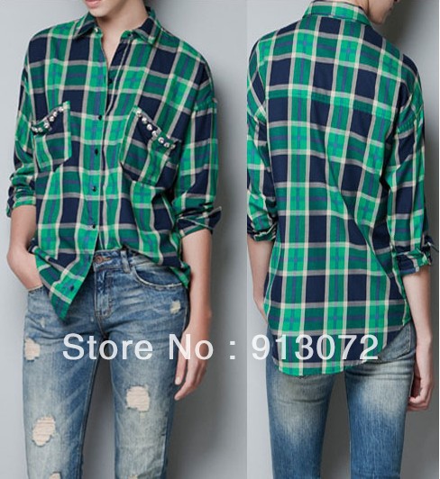 2013 New Arrival womens' Casual Plaid Jewelry pockets Blouse Green loose revit shirts cozy shirt brand quality tops