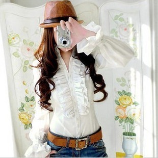 2013 New Arrivals Fashion Woman Solid Color Ruffles Blouses Double Layer RufflesVintage Lady Shirt Free Shipping