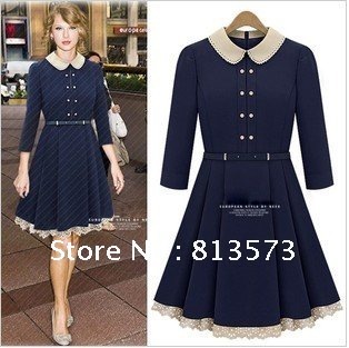 2013 New Arrivals Fashion  Women Formal Slim Long Sleeve  Dress, Ladies Double-Breasted  High Quality Skirt With Belt