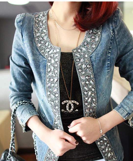 2013 new arrive short design paillette women's jean coat slim top motorcycle jacket hot selling